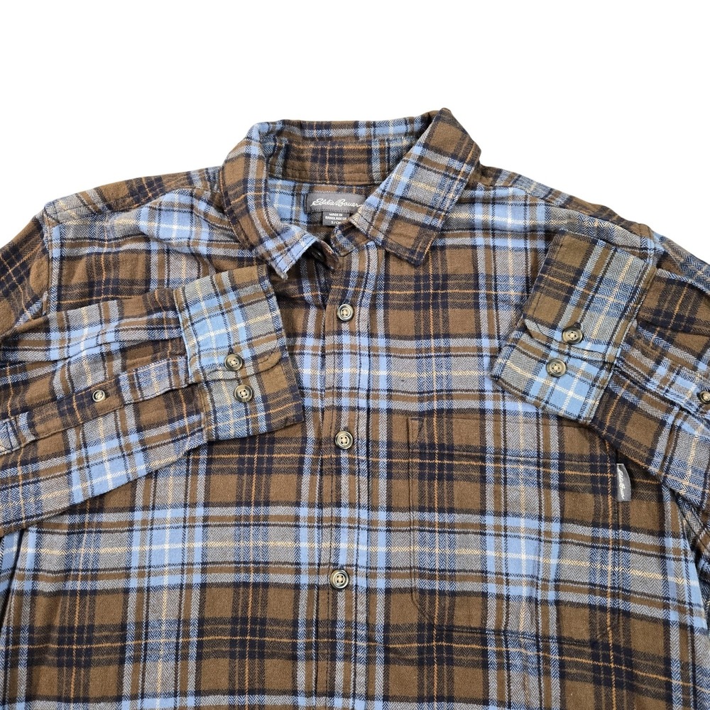 Eddie Bauer Shirt Mens Small Brown Plaid Flannel Long Sleeve Button Front Casual